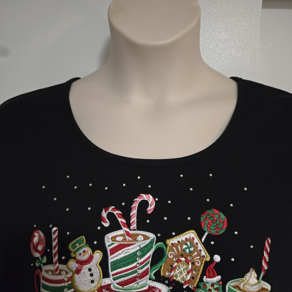 Quacker Factory All is Bright Holiday Bling 3/4 Sleeve T Shirt‎ Black Holiday XL - Picture 3 of 8